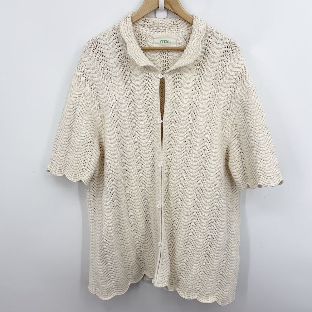 Yitai Ivory Shale Stitch Button Up Polo Shirt Large Open Knit Beach Camp Relaxed